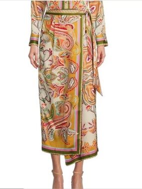 ANTONIO MELANI Olive Paisley-Trim Skirt with Pink Accents